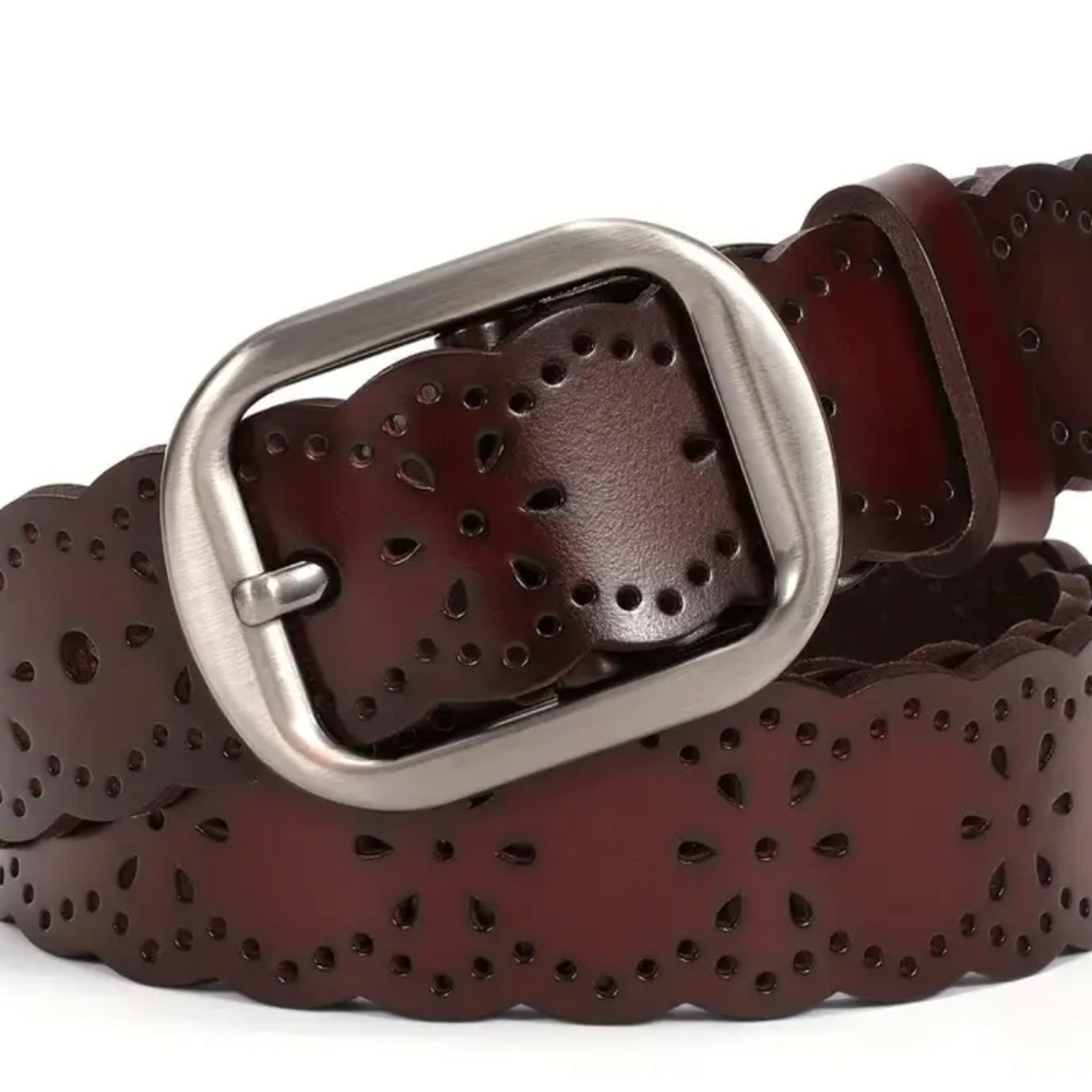 Brown Leather Belt with Floral Cutouts and Silver Buckle Waist size 41-45”